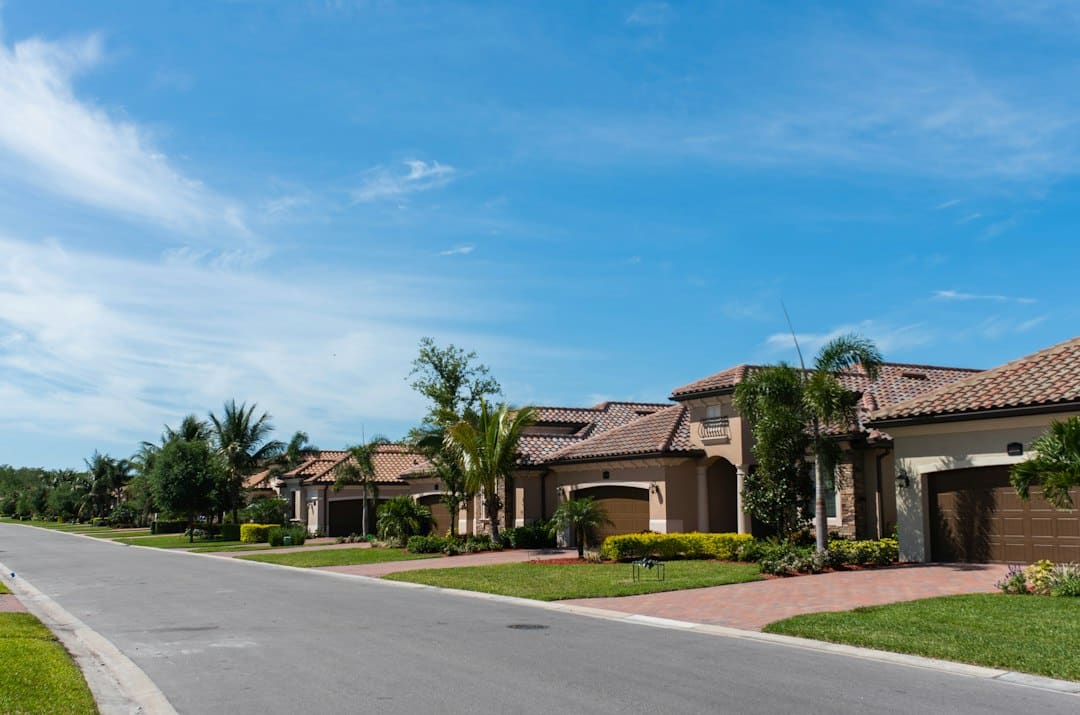 A Florida suburban street with houses and palm trees